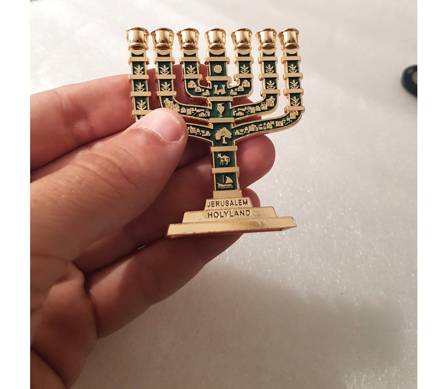 Miniature 7-Branch Menorah with Judaic Motifs, Gold and Dark Green - 2.7