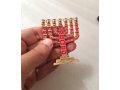 Miniature 7-Branch Menorah with Judaic Motifs, Red on Gold - 2.7