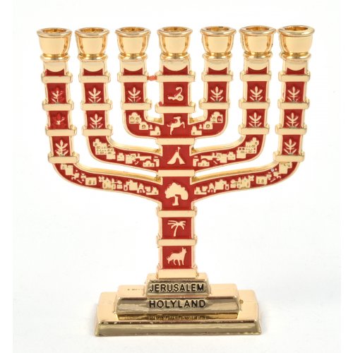 Miniature 7-Branch Menorah with Judaic Motifs, Red on Gold - 2.7