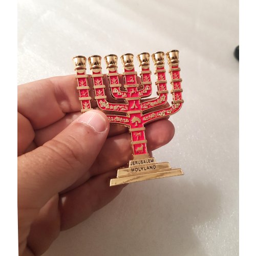 Miniature 7-Branch Menorah with Judaic Motifs, Red on Gold - 2.7