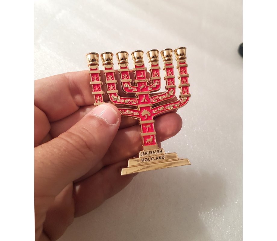Miniature 7-Branch Menorah with Judaic Motifs, Red on Gold - 2.7