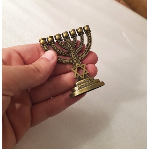 Miniature Decorative Seven Branch Menorah with Star of David, Bronze - 2.7