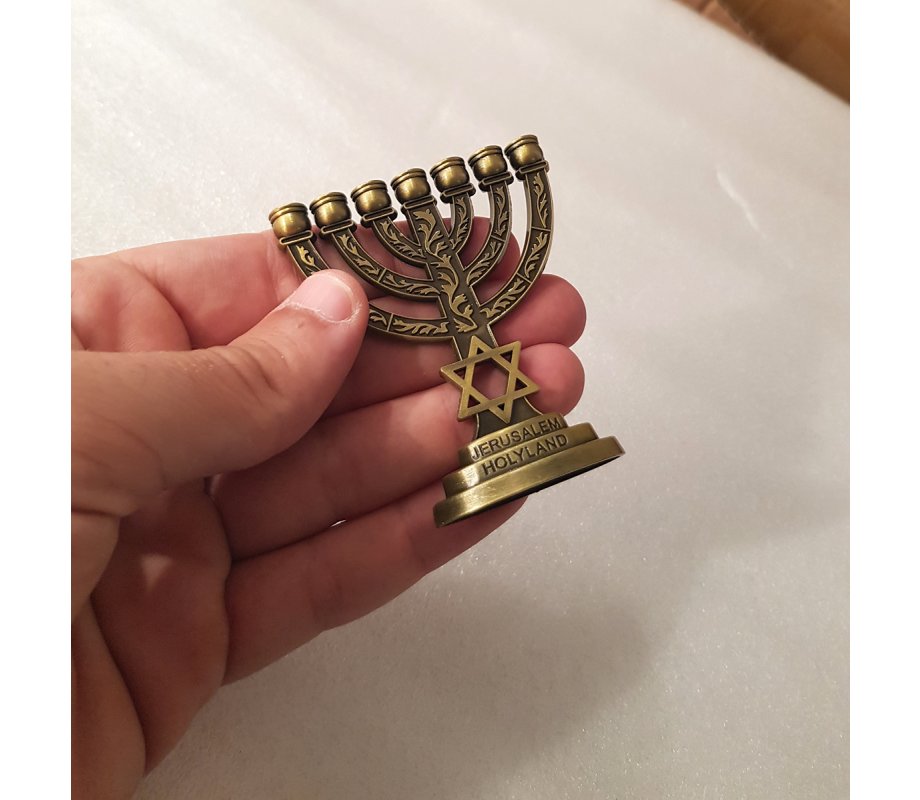 Miniature Decorative Seven Branch Menorah with Star of David, Bronze - 2.7