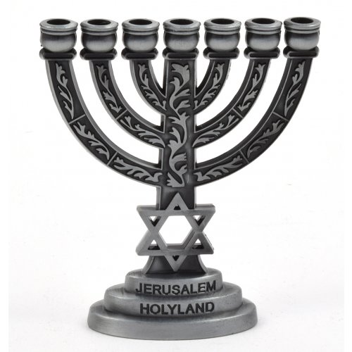 Miniature Decorative Seven Branch Menorah with Star of David, Pewter - 2.7