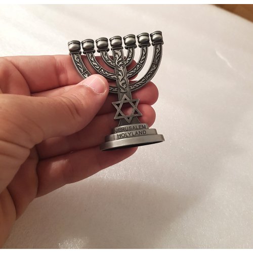 Miniature Decorative Seven Branch Menorah with Star of David, Pewter - 2.7