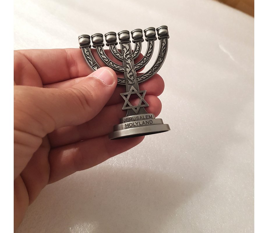 Miniature Decorative Seven Branch Menorah with Star of David, Pewter - 2.7