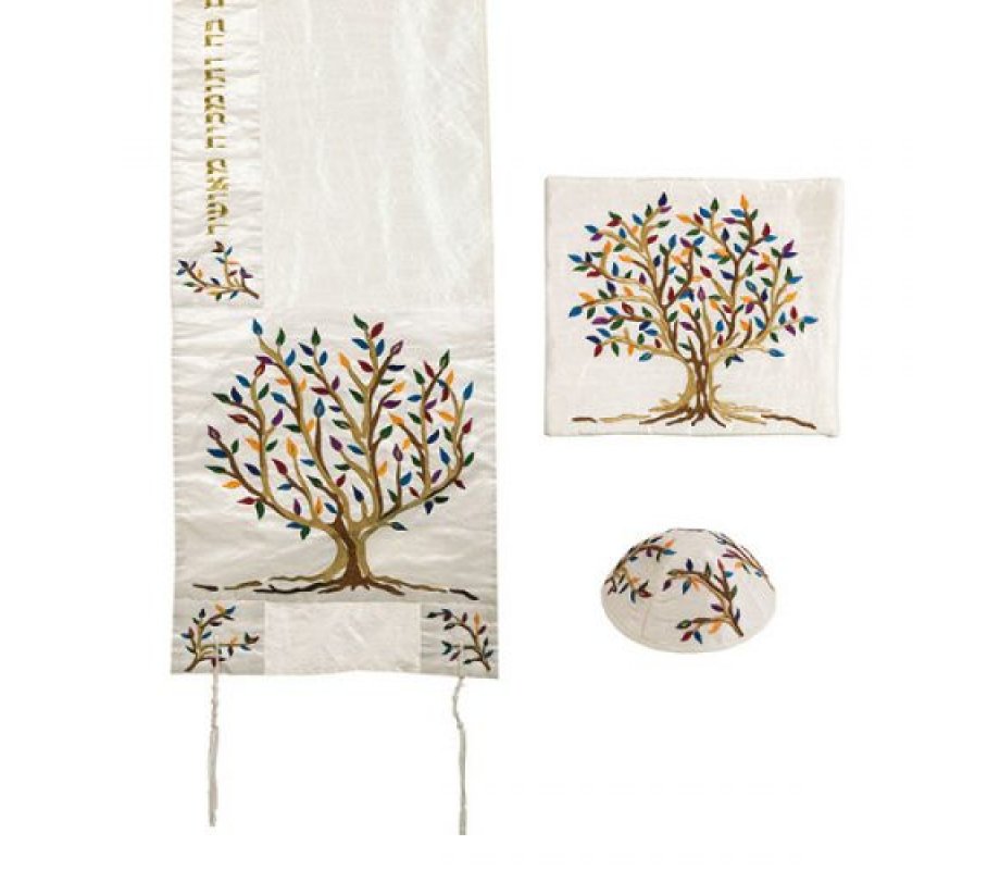 Multicolor Embroidered Polysilk Tree of Life Prayer Shawl Set - Yair Emanuel