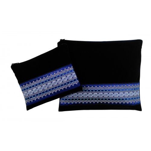 Navy Velvet Prayer Shawl Bag Set, Yemenite Style Embroidery - Ronit Gur