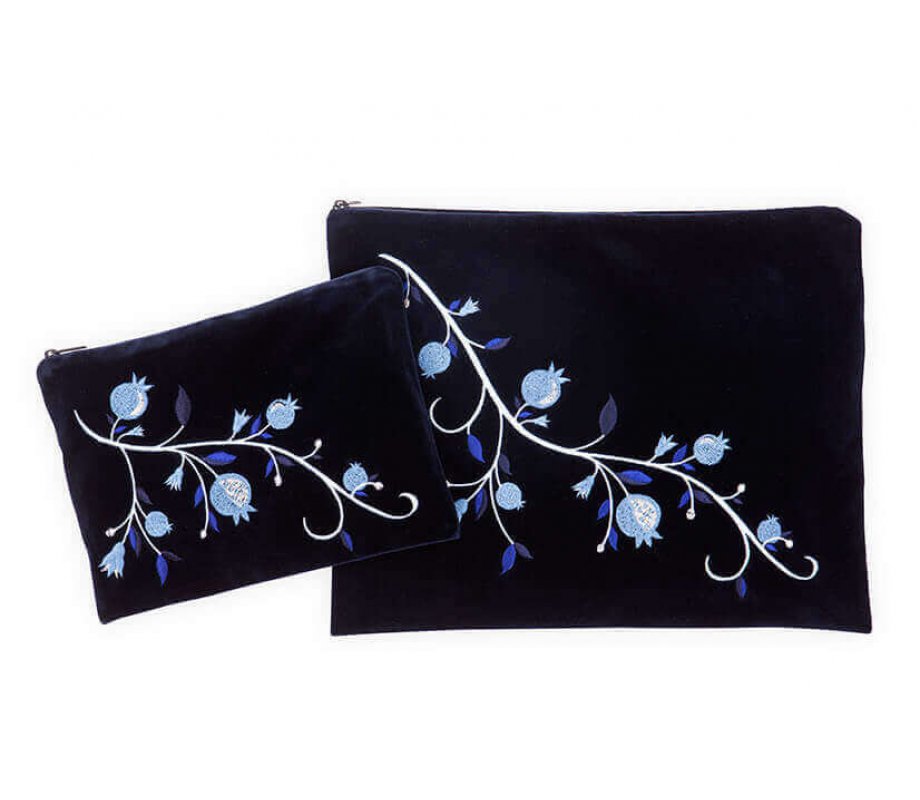 Navy Velvet Prayer Shawl Bag Set with Embroidered Blue Pomegranates - Ronit Gur