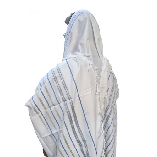 Noam Acrylic Tallit Prayer Shawl with Silver and Light Blue Stripes