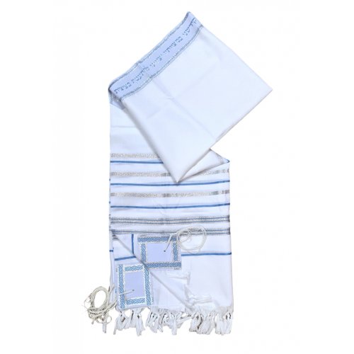 Noam Acrylic Tallit Prayer Shawl with Silver and Light Blue Stripes