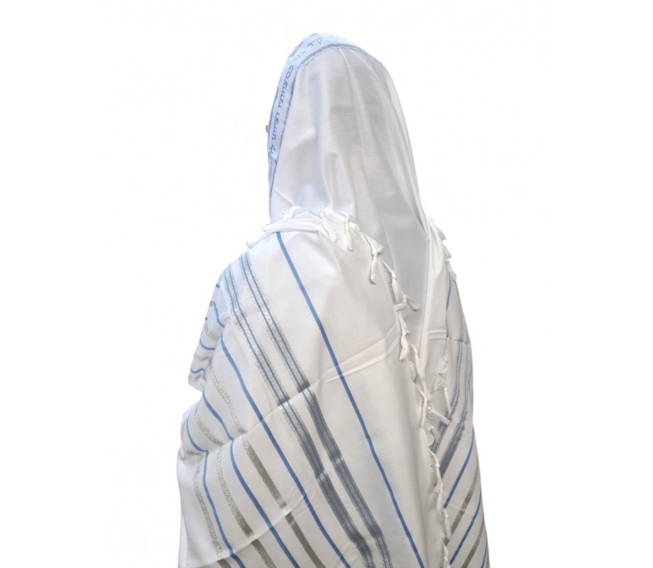 Noam Acrylic Tallit Prayer Shawl with Silver and Light Blue Stripes