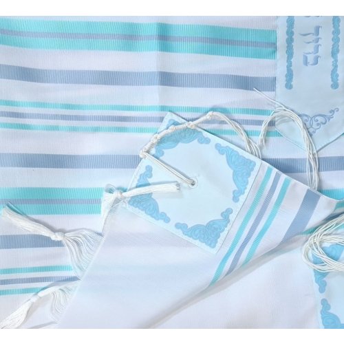 Noam Acrylic Tallit Prayer Shawl with Silver and Turquoise Stripes