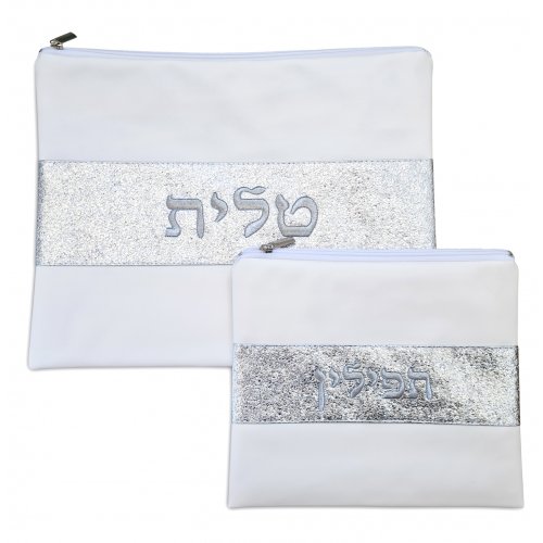Off-White Tallit and Tefillin Bag, Faux Leather  Glittering Silver Embroidered Band