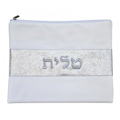 Off-White Tallit and Tefillin Bag, Faux Leather  Glittering Silver Embroidered Band