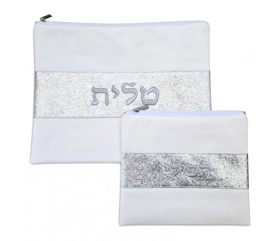 Off-White Tallit and Tefillin Bag, Faux Leather – Glittering Silver Embroidered Band