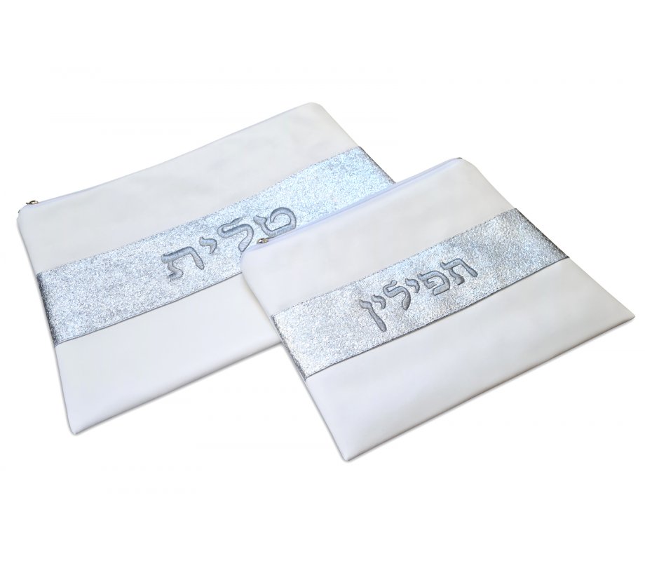 Off-White Tallit and Tefillin Bag, Faux Leather – Glittering Silver Embroidered Band
