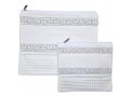 Off-White Tallit and Tefillin Bag Set in Faux Leather  Silver Embroidered Bands