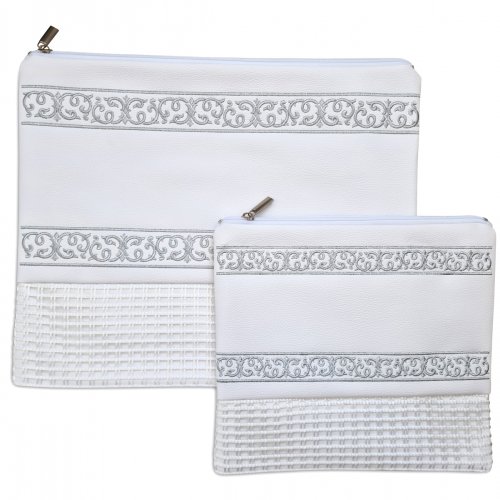 Off-White Tallit and Tefillin Bag Set in Faux Leather  Silver Embroidered Bands