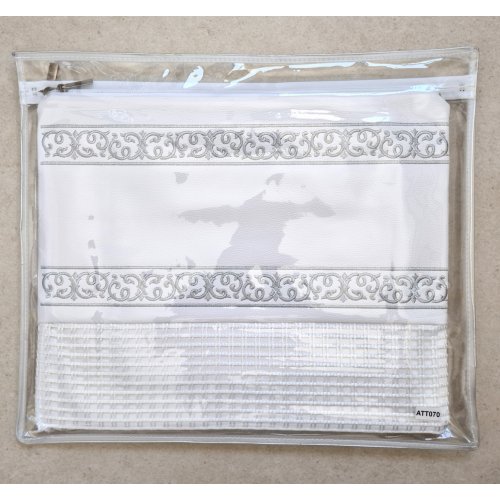 Off-White Tallit and Tefillin Bag Set in Faux Leather  Silver Embroidered Bands