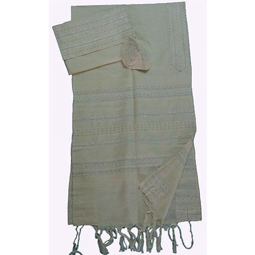 Off-white Handwoven Cotton Tallit Prayer Shawl Set Silver Stripes  Gabrieli