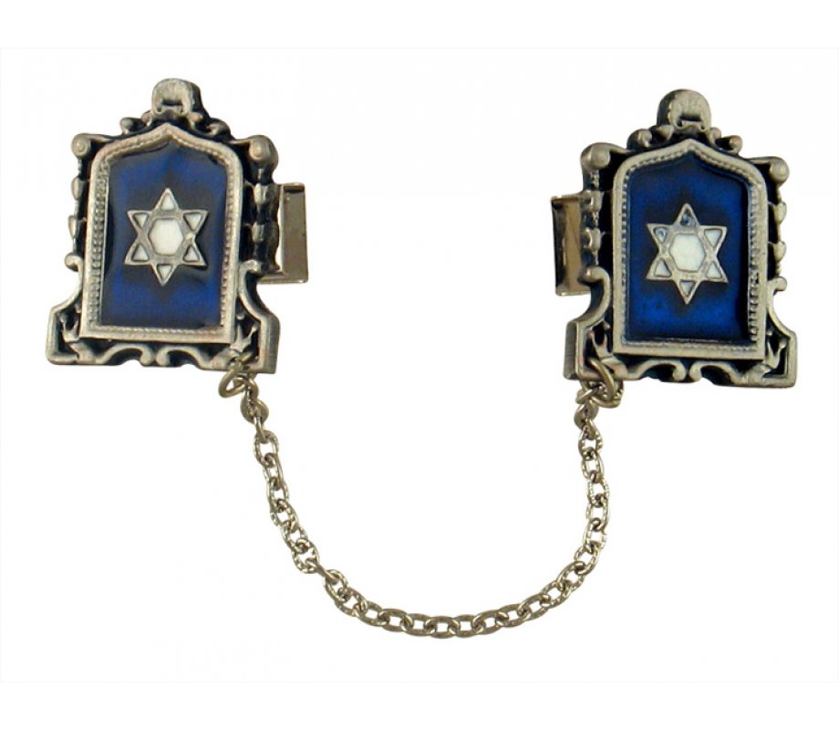 Pewter Prayer Shawl Clips with Chain - Blue Star of David in Tablet Frame
