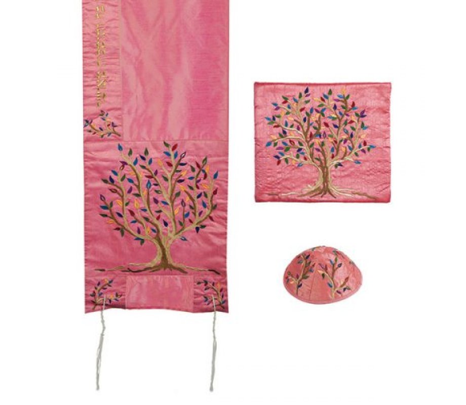Pink Embroidered Polysilk Tree of Life Prayer Shawl Set - Yair Emanuel