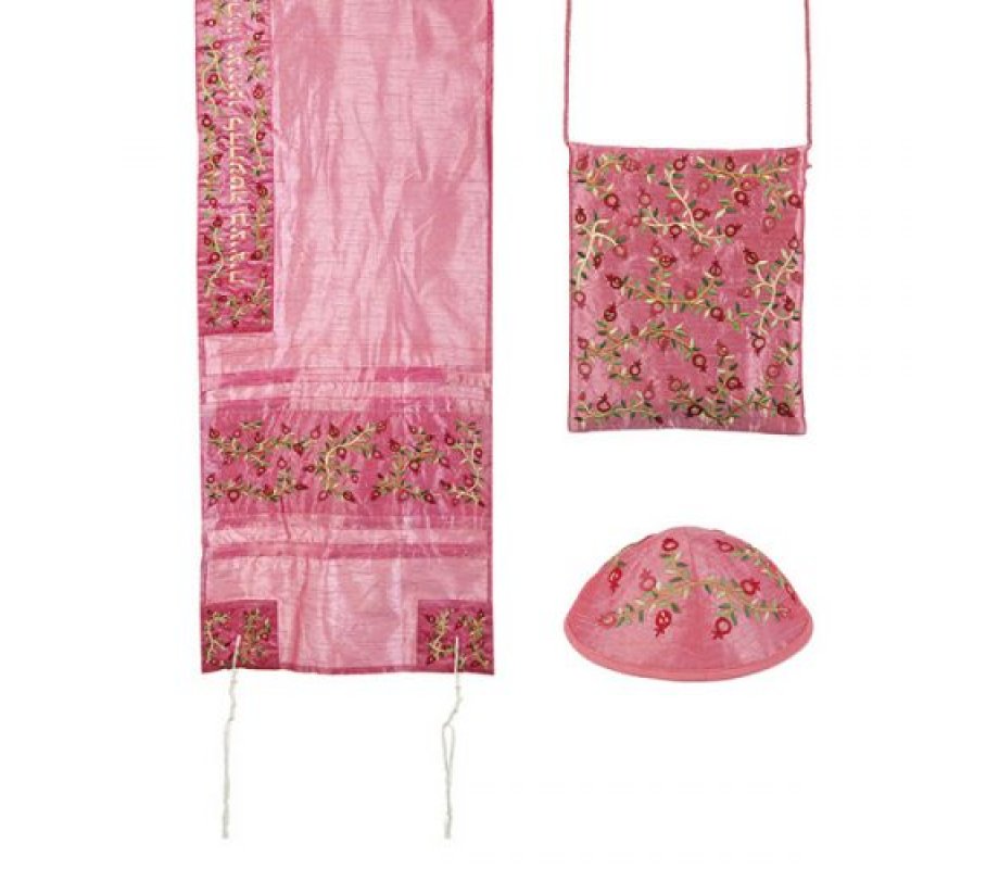 Polysilk Pink Talisack Prayer Shawl Set Embroidered Pomegranates - Yair Emanuel