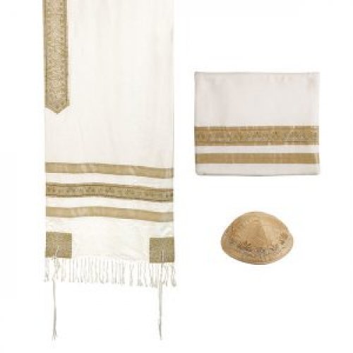 Prayer Shawl, Bag and Cap Set with Gold Embroidered Decorative Stripes - Yair Emanuel