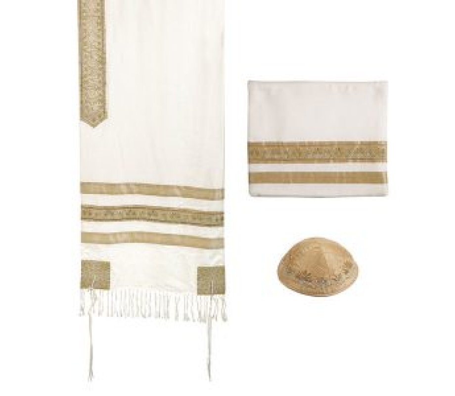 Prayer Shawl, Bag and Cap Set with Gold Embroidered Decorative Stripes - Yair Emanuel
