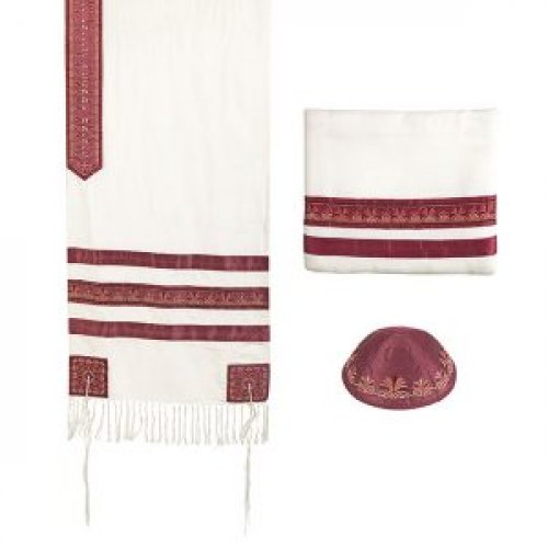 Prayer Shawl, Bag and Kippah with Embroidered Stripes, Maroon - Yair Emanuel