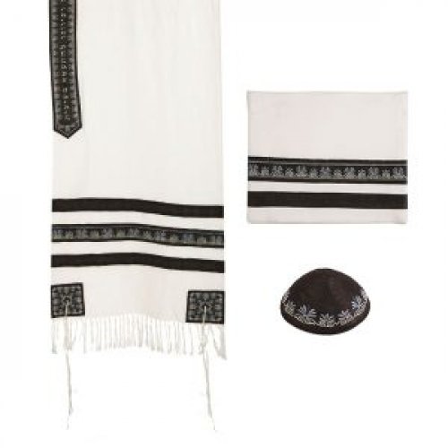 Prayer Shawl Set with Bag and Cap, Decorative Embroidered Black Stripes - Yair Emanuel