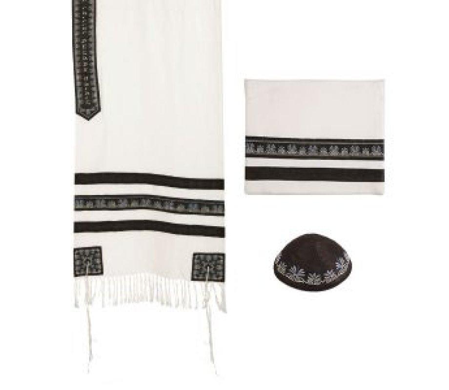 Prayer Shawl Set with Bag and Cap, Decorative Embroidered Black Stripes - Yair Emanuel