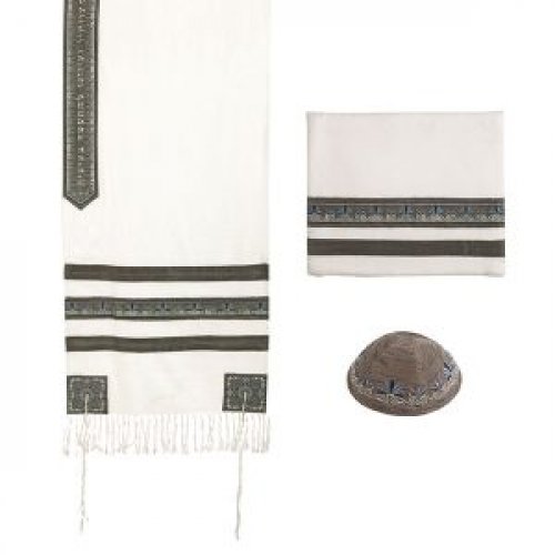 Prayer Shawl Set with Decorative Embroidered Gray Stripes - Yair Emanuel