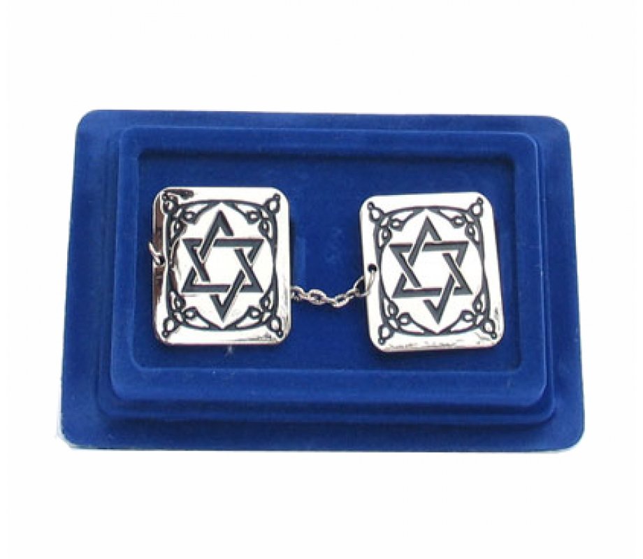 Pewter Prayer Shawl Clips with Chain - Blue Star of David in Tablet Frame