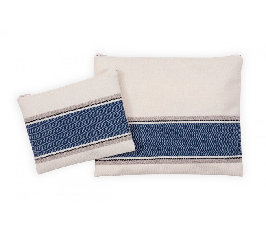 Prayer Shawl and Tefillin Bag Set, Blue Herringbone Design on Off-White - Ronit Gur