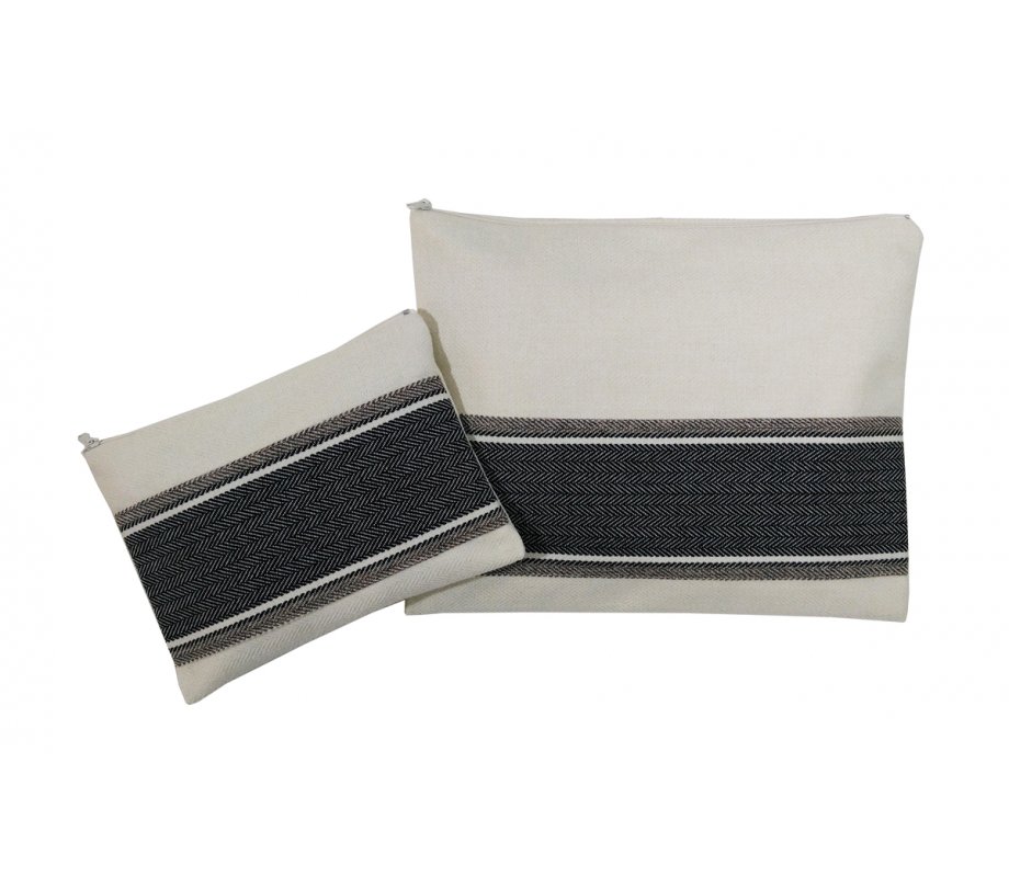 Prayer Shawl and Tefillin Bag Set, Gray Herringbone Stitch on Off-White - Ronit Gur
