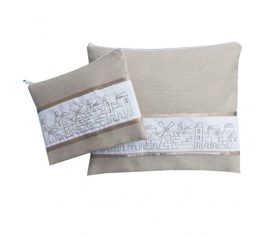 Prayer Shawl and Tefillin Bag Set with Embroidered Jerusalem, Beige - Ronit Gur