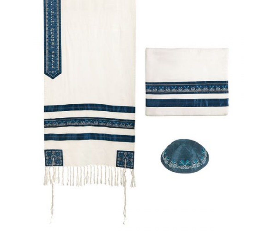 Prayer Shawl with Bag and Cap and Embroidered Decorative Stripes, Blue - Yair Emanuel