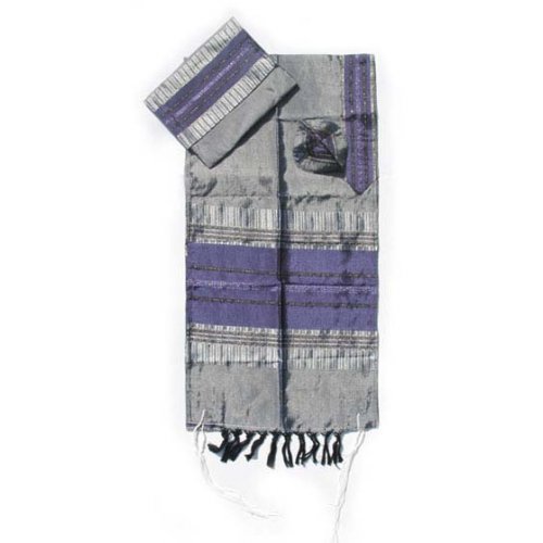 Purple and Silver Striped Handwoven Tallit Silk Prayer Shawl Set - Gabrieli