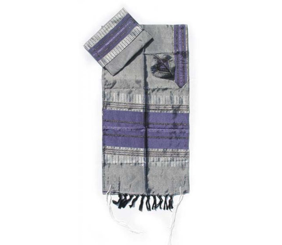 Purple and Silver Striped Handwoven Tallit Silk Prayer Shawl Set - Gabrieli