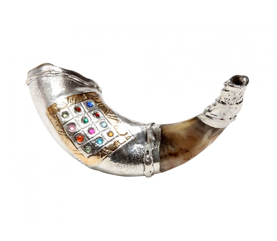 Rams Horn Shofar, Sterling Silver with Colorful Choshen Breastplate Image