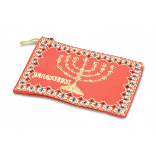Red Fabric Large Purse with Embroidered Gold Seven Branch Menorah