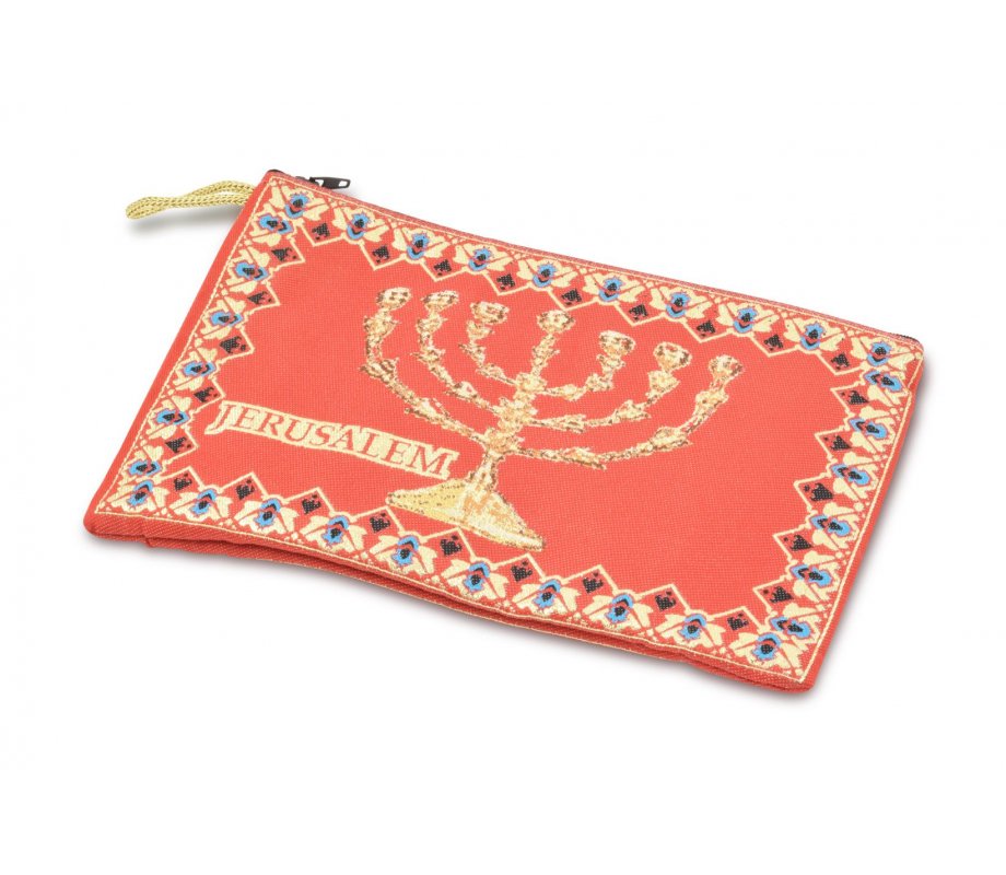 Red Fabric Large Purse with Embroidered Gold Seven Branch Menorah