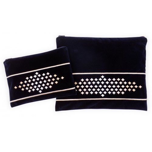 Ronit Gur, Velvet Tallit and Tefillin Bag Set  Embroidered Gold Diamond Design