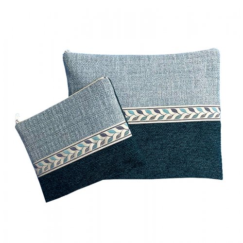Ronit Gur Woven Fabric Prayer Shawl & Tefillin Bag, Two Tone Blue and Leaf Design