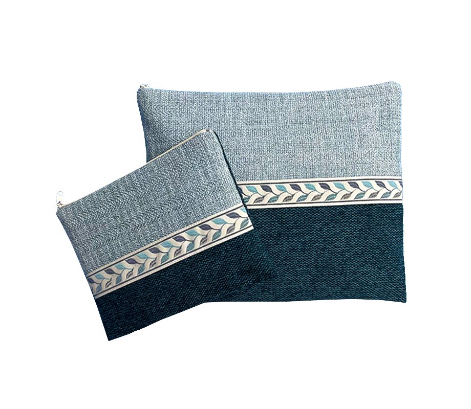 Ronit Gur Woven Fabric Prayer Shawl & Tefillin Bag, Two Tone Blue and Leaf Design
