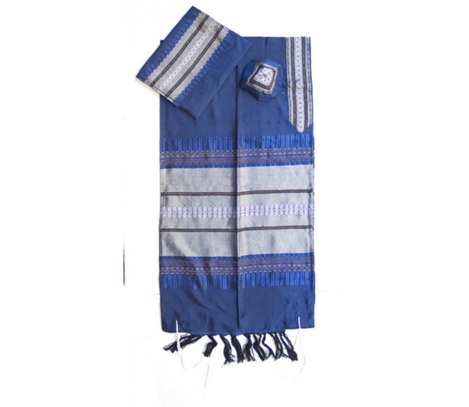 Royal Blue Handwoven Silk Prayer Shawl Tallit Set with Silver Stripes - Gabrieli
