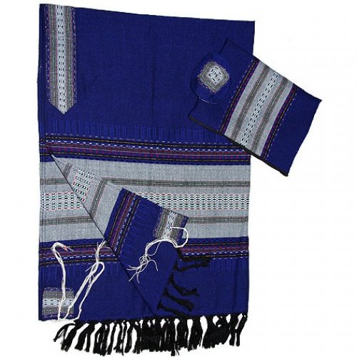 Royal Blue Wool with Gray Stripes Handwoven Tallit Prayer Shawl Set - Gabrieli