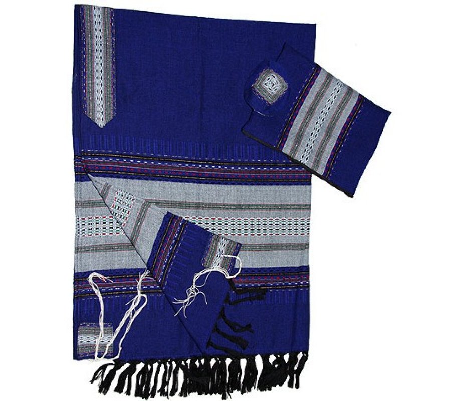 Royal Blue Wool with Gray Stripes Handwoven Tallit Prayer Shawl Set - Gabrieli